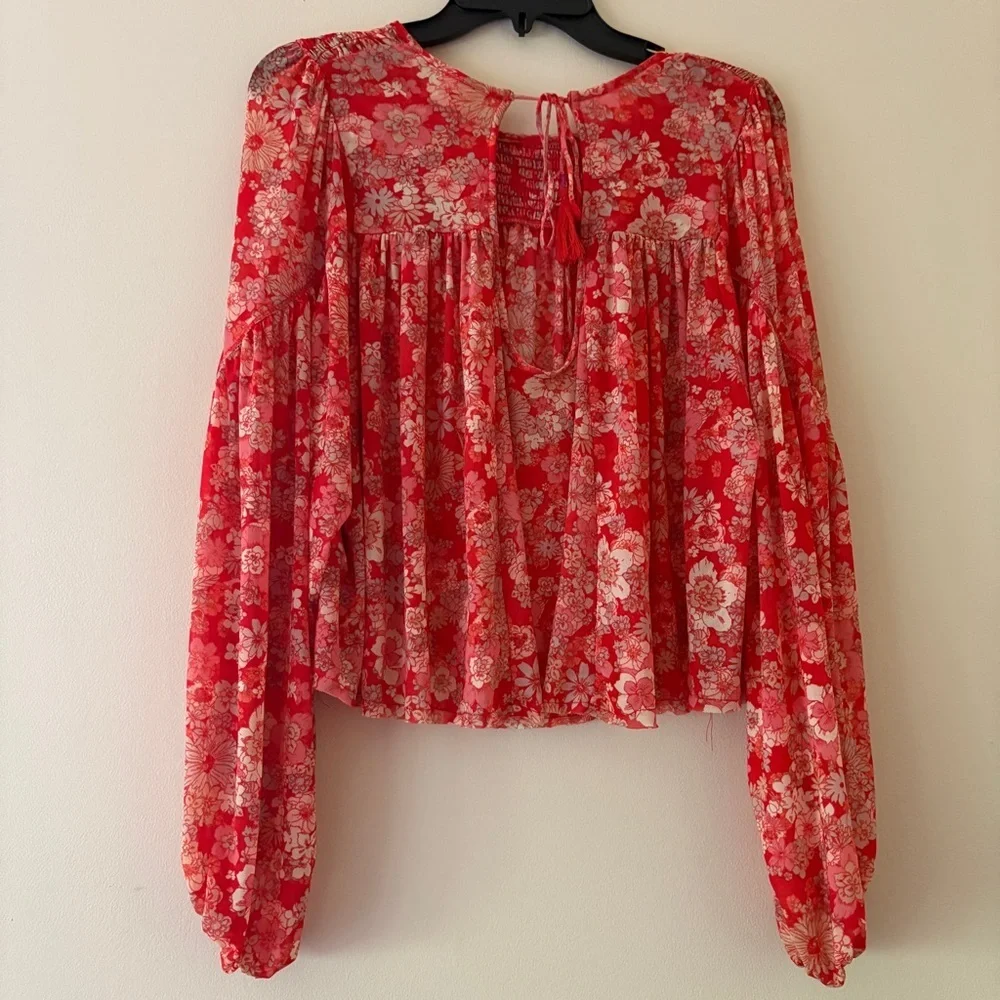 Free People Floral Smocked Peasant Blouse Boho Long Sleeve Sheer Top M